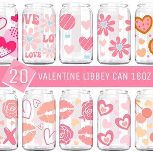 Valentijnsdag SVG-bundel voor blikglas, XOXO blikglas Svg, harten glazen beker, Valentijnsdag SVG, bekerwrap voor Libbey 16oz, bierblikje glas