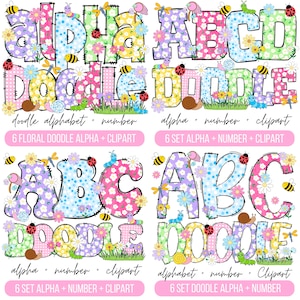 Pacote de letras do alfabeto floral de primavera PNG, clipart de primavera png, insetos de primavera, aquarela de flores, doodle desenhado à mão, conjunto alfa de sublimação PNG