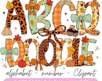 May include: A colorful fall-themed digital alphabet and number set with the word "DOODLE" in large letters. The letters are decorated with patterns, bows, pumpkins, and leaves. The text "alphabet + number + Clipart" and "6 SET DOODLE ALPHA + NUMBER" are also included.