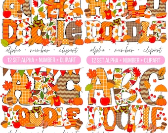 Può includere: Un set di 12 immagini clipart di doodle di alfabeto e numeri a tema autunnale. Le lettere e i numeri sono decorati con foglie autunnali, zucche, ghiande e altri elementi autunnali. Il testo sull'immagine recita "alpha + number + clipart 12 SET ALPHA + NUMBER + CLIPART" e "alphabet + number + clipart 12 SET DOODLE ALPHA + NUMBER".