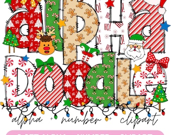 May include: A set of six Christmas-themed alphabet and number clipart images. The letters and numbers are decorated with various Christmas patterns, including candy canes, snowflakes, and gingerbread men. The text "alpha + number + clipart" and "6 SET ALPHA + NUMBER + CLIPART" is also included in the image.