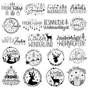 May include: A collection of 15 black and white Christmas-themed illustrations featuring reindeer, snowflakes, stars, and text. The text includes phrases like "Winter Wonderland", "Frohe Weihnachten", and "Adventszauber".