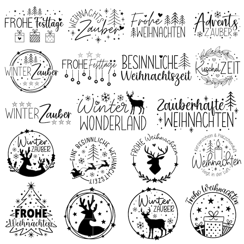 May include: A collection of 15 black and white Christmas-themed illustrations featuring reindeer, snowflakes, stars, and text. The text includes phrases like "Winter Wonderland", "Frohe Weihnachten", and "Adventszauber".