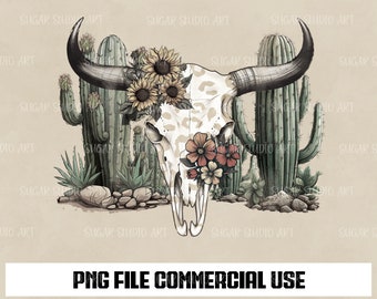 Western Desert Cow Skull Leopard Cactus | PNG Sublimations, Western Sublimations, Designs Downloads, Shirt Design, Sublimation Download