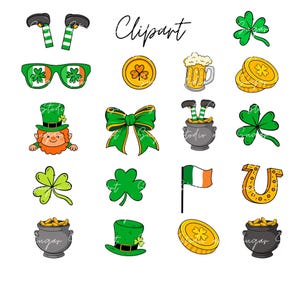 Puede incluir: Un conjunto de 16 im&aacute;genes de clipart del D&iacute;a de San Patricio. Las im&aacute;genes incluyen un duende, tr&eacute;boles, una olla de oro, una herradura, una jarra de cerveza, un lazo, una bandera de Irlanda y m&aacute;s.