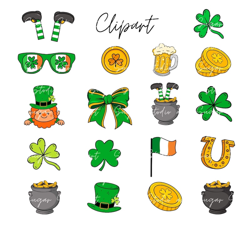 Puede incluir: Un conjunto de 16 im&aacute;genes de clipart del D&iacute;a de San Patricio. Las im&aacute;genes incluyen un duende, tr&eacute;boles, una olla de oro, una herradura, una jarra de cerveza, un lazo, una bandera de Irlanda y m&aacute;s.