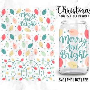 Vidrio de Navidad puede envolver svg, luces de Navidad vidrio svg envoltura, envoltura de vidrio de lata de Navidad, copa de vidrio Libbey de 16 oz, Navidad svg Libbey