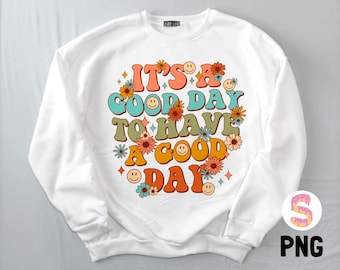 Good Day Retro Smiley Face PNG, Flowers Sublimation Design (Digital Design)