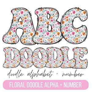 Pacote de letras de doodle retrô de flores em aquarela, números alfa de doodle desenhados à mão e conjunto de doodle de alfabeto sublimação fonte alfa conjunto de designs