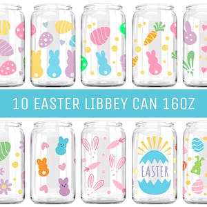 Pode incluir: Dez frascos de vidro transparente de 16 oz com designs temáticos de Páscoa. Os designs incluem coelhos, ovos, cenouras e flores em cores pastel.