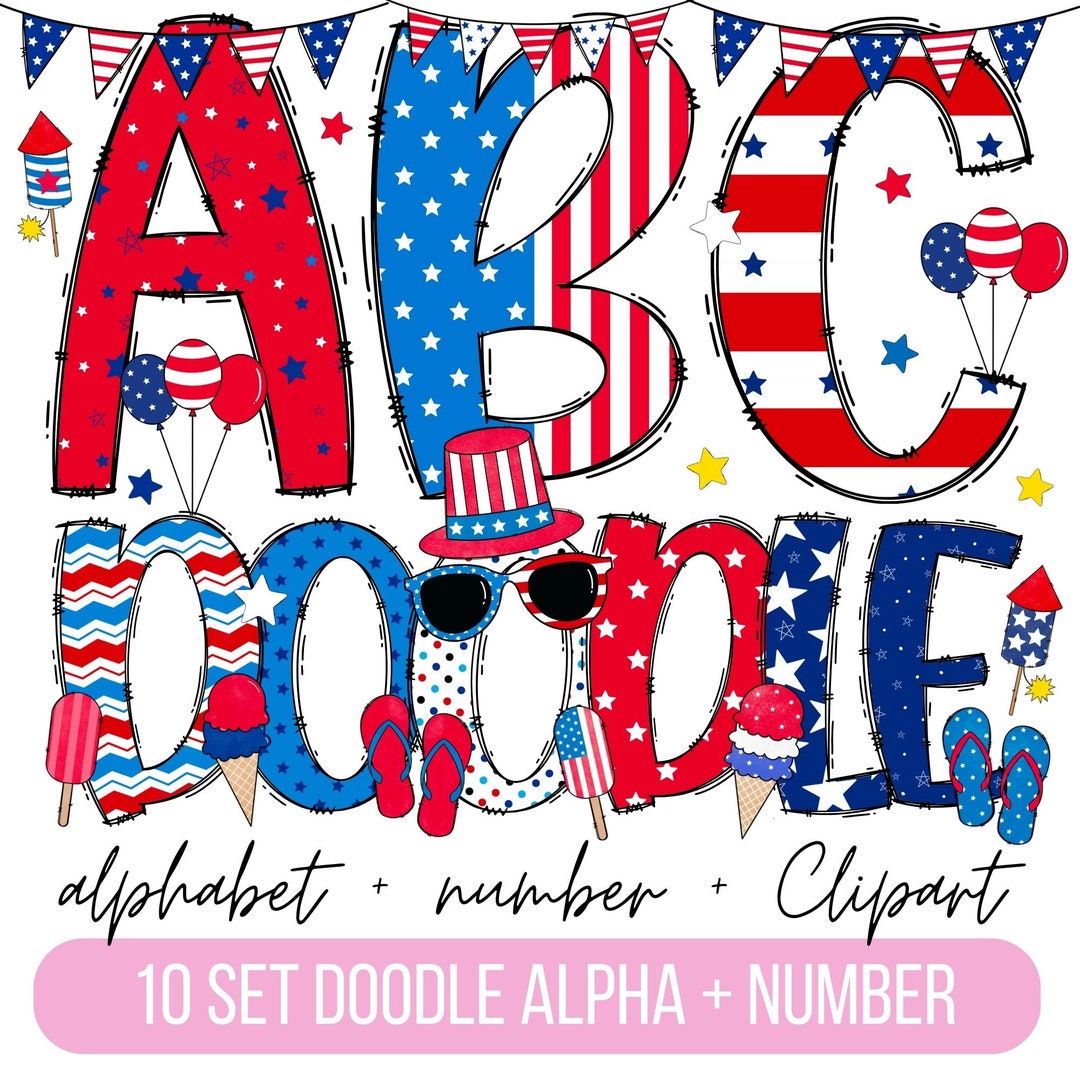 Patriotic Doodle Alphabet Bundle, 4th of July Clipart Png, Numbers ...