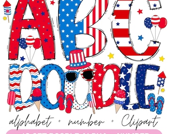 Patriotic Doodle Alphabet Bundle, 4th of July Clipart png, Numbers & Accessories, Red White Blue Sublimation,Flag Alphabet, 10 Set Designs