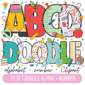 Paquete de alfabeto de doodle de maestro de escuela, letras PNG de maestro, números y accesorios, imágenes prediseñadas de regreso a la escuela, fuente de la escuela, doodle de maestro png