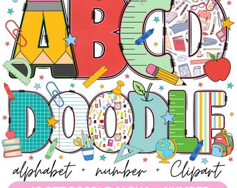 School Teacher Doodle Alphabet Bundle, Teacher PNG Letters, Numbers & Accessories, Back to school Clipart, School Font, Teacher doodle png