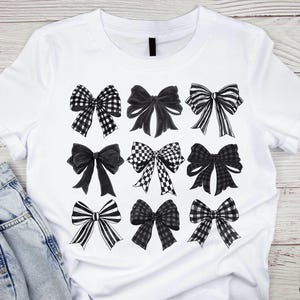 Black Checkered Bow Dark Coquette PNG ClipArt Collage, Preppy Watercolor Retro Bow Clip Art, Black Ribbon Sublimination Shirt Design DTF