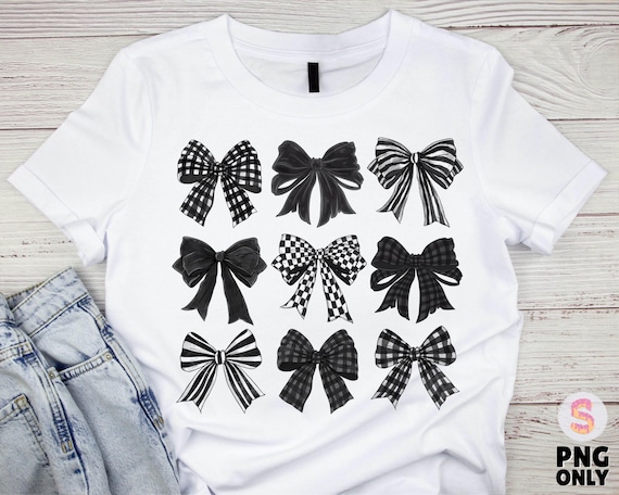 Black Checkered Bow Dark Coquette PNG ClipArt Collage, Preppy Watercolor Retro Bow Clip Art, Black Ribbon Sublimination Shirt Design DTF