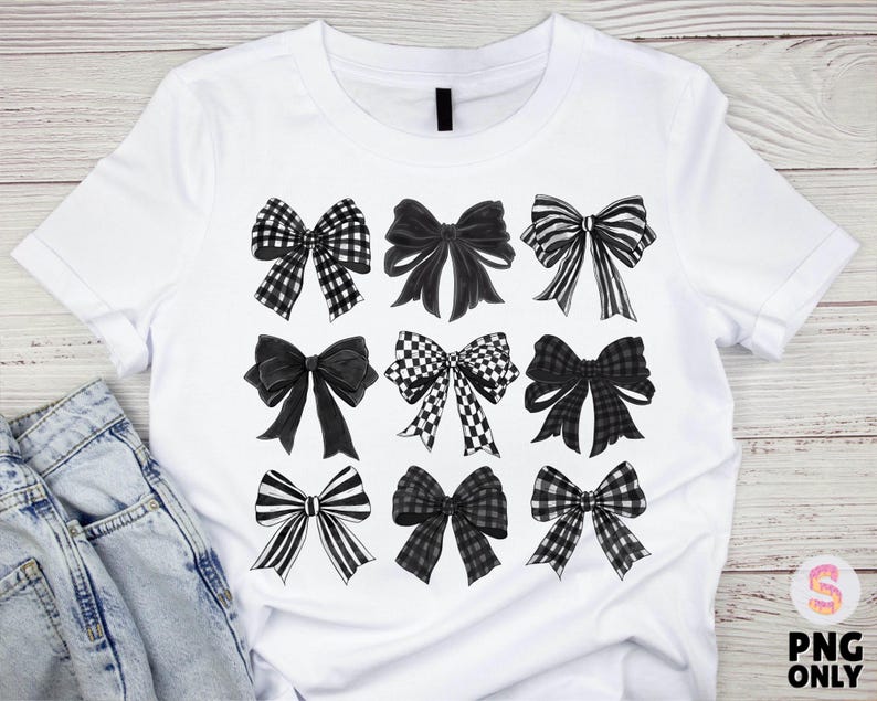 May include: A white t-shirt featuring a black and white checked bow design. The bows are arranged in a grid pattern on the front of the shirt.