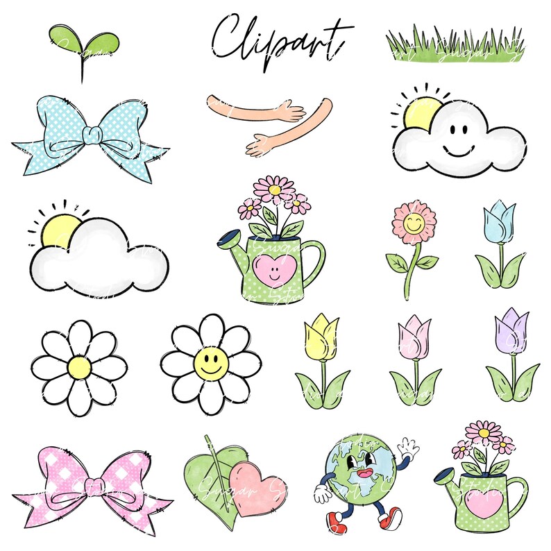 May include: A set of colorful digital clipart images featuring a variety of spring and nature themes, including flowers, a watering can, a smiling sun, a cloud, a sprout, a bow, a heart, a leaf, and a cartoon earth with legs and arms.