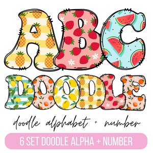 Pacote de letras do alfabeto de verão PNG, clipart de verão png, letras de Doodle de frutas, fonte de verão, Doodle desenhado à mão, conjuntos alfa de sublimação