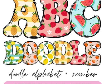 Summer Alphabet Letters PNG Bundle, summer Clipart png, Fruit Doodle letters , Summer Font, Hand Drawn Doodle, Sublimation Alpha Set Designs