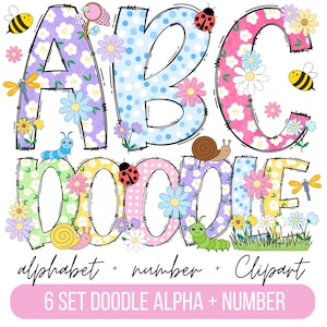 Pacote de letras do alfabeto floral de primavera PNG, clipart de primavera png, insetos de primavera, aquarela de flores, doodle desenhado à mão, conjunto alfa de sublimação PNG