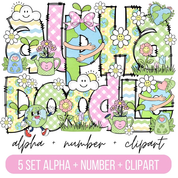 Earth Day Alphabet Letters PNG Bundle, Earth day Clipart png, Mother Earth Day Doodle letters , Hand Drawn Doodle, Sublimation Alpha Set