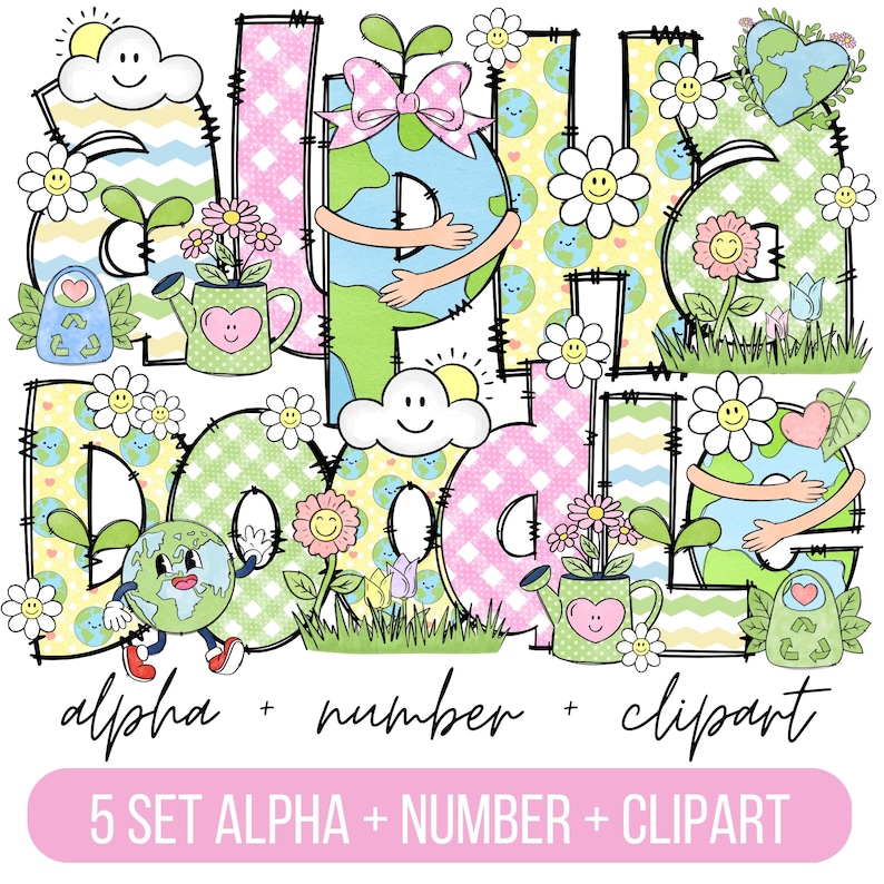 May include: A set of colorful alphabet letters and numbers with a green earth theme. Each letter and number features a cartoon earth with arms and legs, a green plant, and a flower. The letters are outlined in black and have a patchwork design. The letters and numbers are surrounded by green grass and flowers.