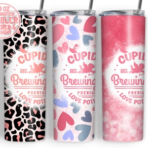 Cupid Valentine 20oz Skinny Sublimation Tumbler Design PNG File, Valentine Tumbler, Cupid&#39;s Brewing Co Love Potion, Leopard PNG, Pink png
