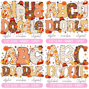 Pacote de 4 alfabetos Doodle de Ação de Graças, letras, números e acessórios PNG de outono, clipart de outono, fonte de Ação de Graças, doodle de outono png