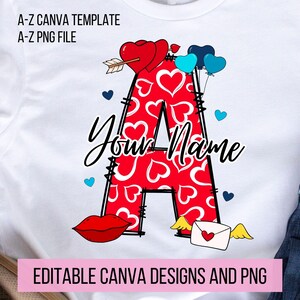 Letra de garabato de corazones rosas editable para el día de San Valentín, plantilla de Canva, crea tu propio nombre, personaliza el diseño de nombre personalizado para camiseta Png, A-Z