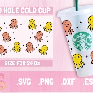 Humeur pieuvre Starbucks Cold Cup SVG, doudou pieuvre réversible heureux fichier de coupe 60 gram Venti Cup instantané, modèle camée Cricut