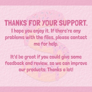 Puede incluir: Un fondo rosa con el texto "THANKS FOR YOUR SUPPORT." y texto adicional. Un gr&aacute;fico de donut con glaseado rosa y chispas est&aacute; en el fondo. El texto fomenta comentarios y rese&ntilde;as.