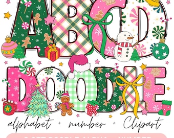 Alfabeto natalizio rosa in stile doodle, lettere PNG per le feste in stile femminile, carattere natalizio pastello, clipart natalizia carina per sublimazione