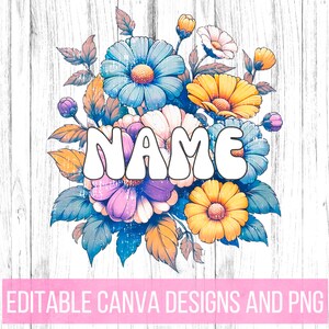 Retro Flower Name Name Holder, Hand Drawn Flowers Kids Name Sign, Pink Purple Girls, Floral 70s Style Editable Canva Template and Blank PNG