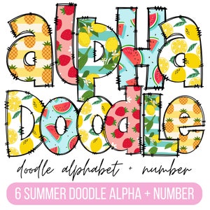 Paquete PNG de letras del alfabeto de verano, imágenes prediseñadas de verano png, letras de garabatos de frutas, fuente de verano, garabatos dibujados a mano, diseños de conjuntos alfa de sublimación