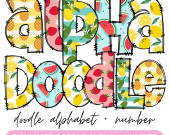 Summer Alphabet Letters PNG Bundle, summer Clipart png, Fruit Doodle letters , Summer Font, Hand Drawn Doodle, Sublimation Alpha Set Designs