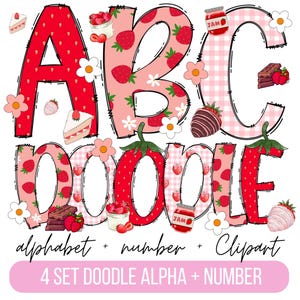 Pacchetto alfabeto doodle fragola, frutta estiva PNG lettere, numeri e accessori, clipart fragola, carattere fragola doodle png