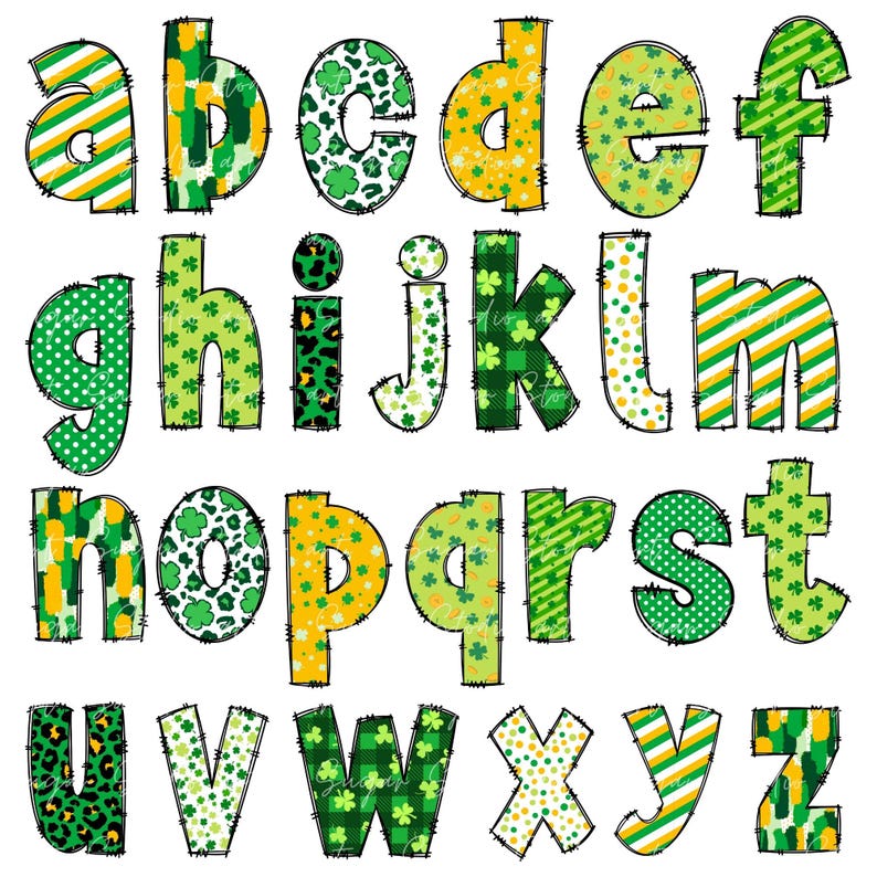 Puede incluir: Un alfabeto colorido con letras estampadas en verde, amarillo y blanco. Cada letra est&aacute; delineada en negro y tiene un aspecto cosido.
