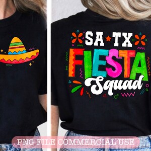 May include: Black t-shirt with a colorful "SA-TX Fiesta Squad" graphic on the back and a colorful sombrero graphic on the front.