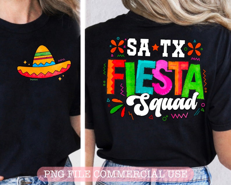 May include: Black t-shirt with a colorful "SA-TX Fiesta Squad" graphic on the back and a colorful sombrero graphic on the front.