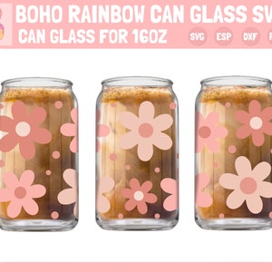 Boho Daisies can glass svg, Boho flowers Libbey 16oz Libbey can glass svg, Beer can wrap svg, retro rainbow boho svg, Svg file for Cricut