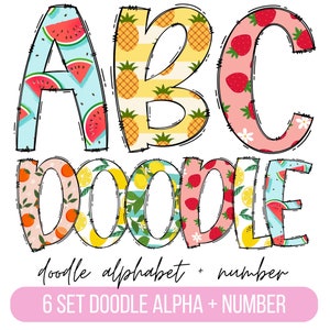 Paquete PNG de letras del alfabeto de verano, imágenes prediseñadas de verano png, letras de garabatos de frutas, fuente de verano, garabatos dibujados a mano, diseños de conjuntos alfa de sublimación