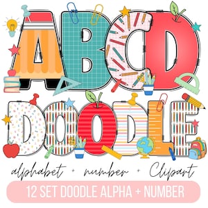 Retro Back to School Teacher Doodle Alphabet Bundle, Teacher PNG Letters, Numbers & Accessories, Back to school Clipart, School Font