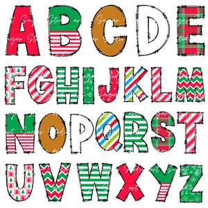 Peut inclure: Un alphabet color&eacute; avec chaque lettre faite de diff&eacute;rents motifs de No&euml;l, y compris des rayures, du tartan, des flocons de neige et des sapins de No&euml;l.