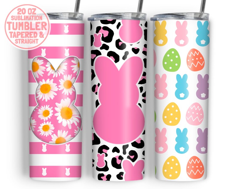 May include: Three 20 oz sublimation tumblers with different Easter-themed designs. The first tumbler has a pink and white striped background with a pink bunny silhouette filled with white daisies. The second tumbler has a pink bunny silhouette on a black and white leopard print background. The third tumbler has a white background with a repeating pattern of pink, blue, purple, and yellow bunnies and green, yellow, and orange eggs.