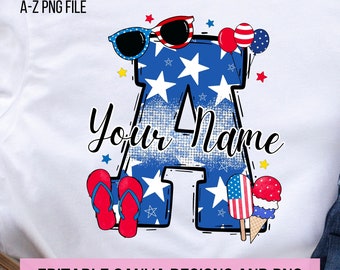 Patriotic Doodle Letter PNG, Add Your Own Name, CANVA Template, Personalized Custom Name design for Family and Kids Shirt, 4 of July PNG