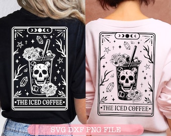 May include: Black and white graphic design of a skull with flowers and a glass of iced coffee. The design is in a tarot card style with the text "The Iced Coffee" at the bottom.