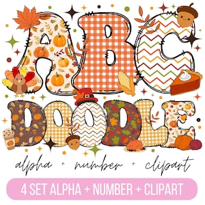Pacote de alfabeto Doodle de Ação de Graças, letras PNG de outono, números e acessórios, clipart de outono, fonte de Ação de Graças, doodle de outono png, abóbora