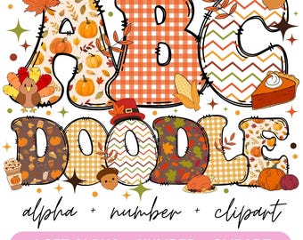 May include: A set of four alphabet letters, A, B, C, and D, with a fall theme. The letters are made of patchwork fabric with a variety of fall colors and patterns, including orange, brown, yellow, and green. The letters are surrounded by fall-themed clipart, such as pumpkins, leaves, acorns, and a turkey. The text "Doodle" is written below the letters in a similar patchwork style. The text "alpha + number + clipart" is written below the letters in a pink font. The text "4 SET ALPHA + NUMBER + CLIPART" is written below the letters in a pink font.