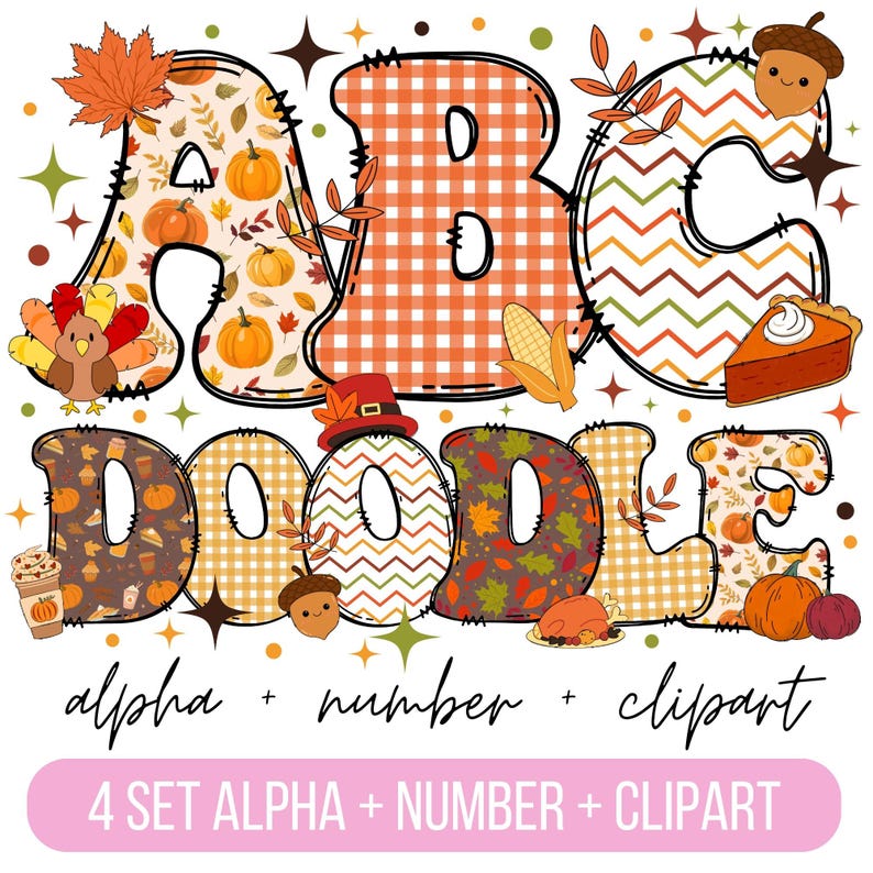 Pu&ograve; includere: Un set di quattro lettere dell'alfabeto, A, B, C e D, con un tema autunnale. Le lettere sono fatte di tessuto patchwork con una variet&agrave; di colori e motivi autunnali, tra cui arancione, marrone, giallo e verde. Le lettere sono circondate da clipart a tema autunnale, come zucche, foglie, ghiande e un tacchino. Il testo "Doodle" &egrave; scritto sotto le lettere in uno stile patchwork simile. Il testo "alpha + number + clipart" &egrave; scritto sotto le lettere in un carattere rosa. Il testo "4 SET ALPHA + NUMBER + CLIPART" &egrave; scritto sotto le lettere in un carattere rosa.